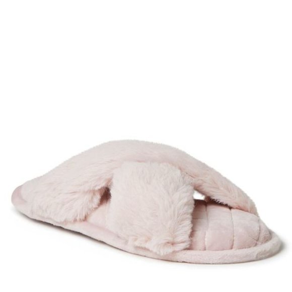 Dearfoams Womens Jessica Furry Crossband Slide - Picture 1 of 6